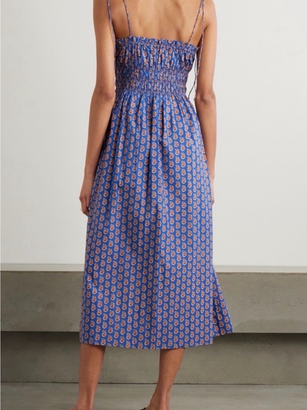 Doen Rhoda Blue Printed Smocked-Back Midi Dress with Spaghetti Straps
